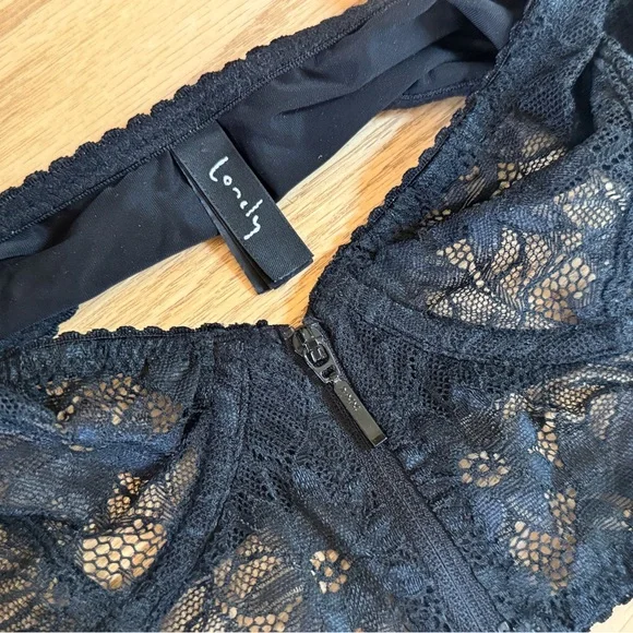 Lace French Plunge Bra 32C Black Front Zip Sheer Underwire - Picture 4 of 10